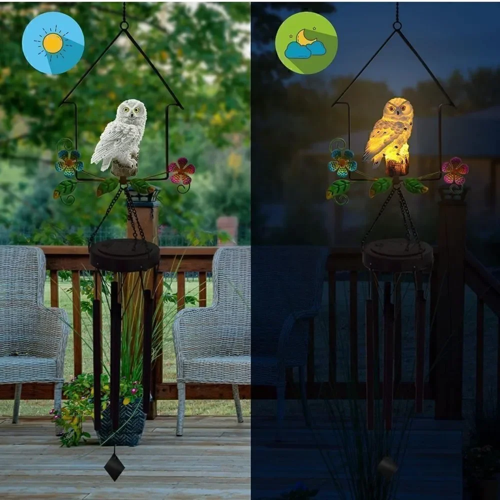 Solar OWL Wind-chimes. Outdoor decor solar powered lights up at night.